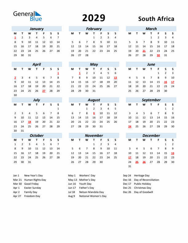 2029 Calendar for South Africa with Holidays