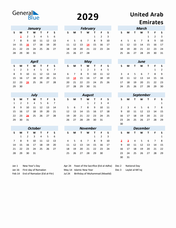2029 Calendar for United Arab Emirates with Holidays