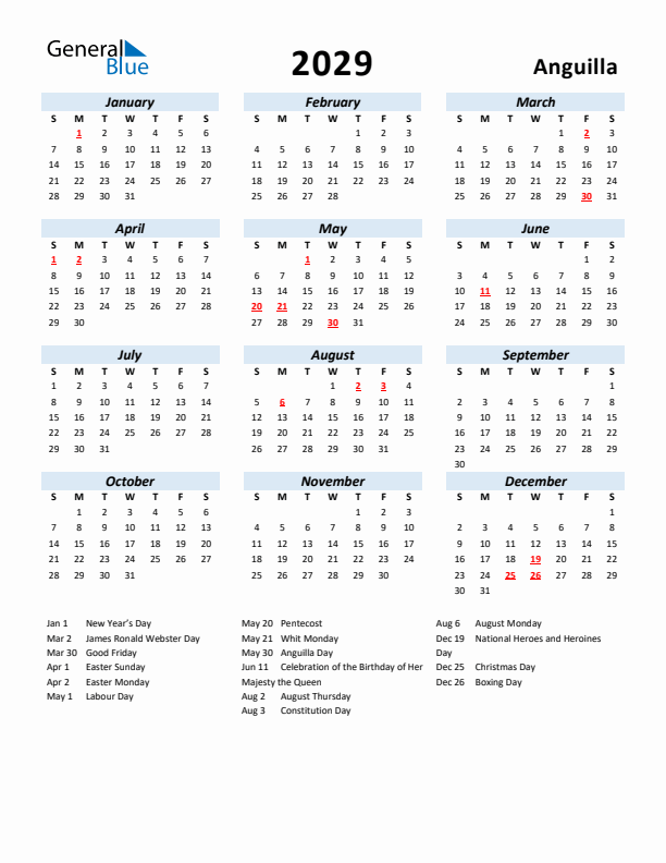 2029 Calendar for Anguilla with Holidays