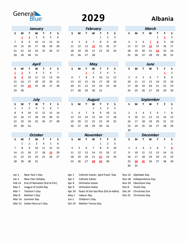 2029 Calendar for Albania with Holidays