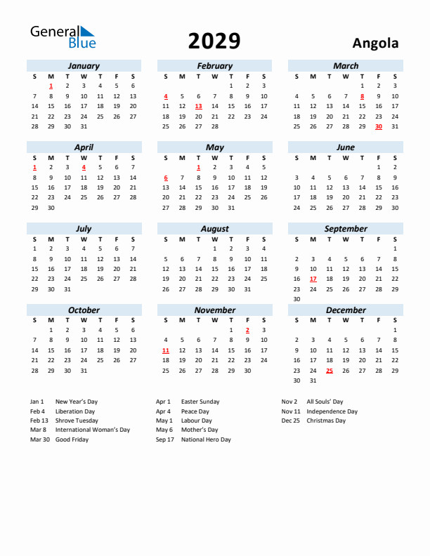 2029 Calendar for Angola with Holidays