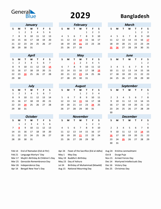 2029 Calendar for Bangladesh with Holidays