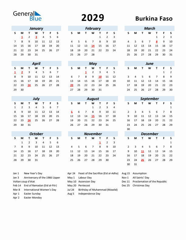 2029 Calendar for Burkina Faso with Holidays