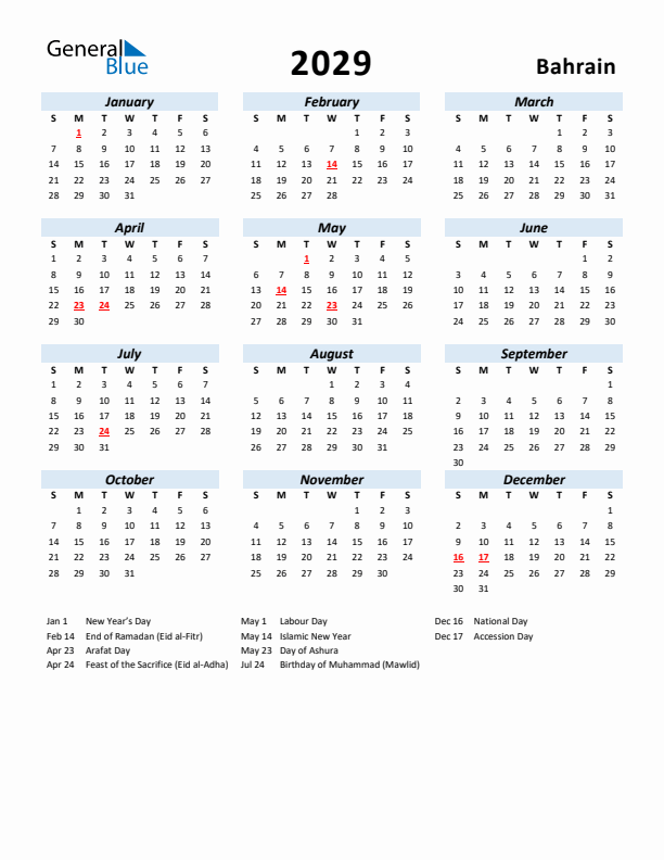 2029 Calendar for Bahrain with Holidays