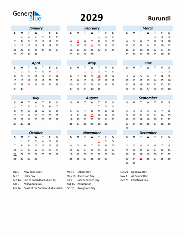 2029 Calendar for Burundi with Holidays