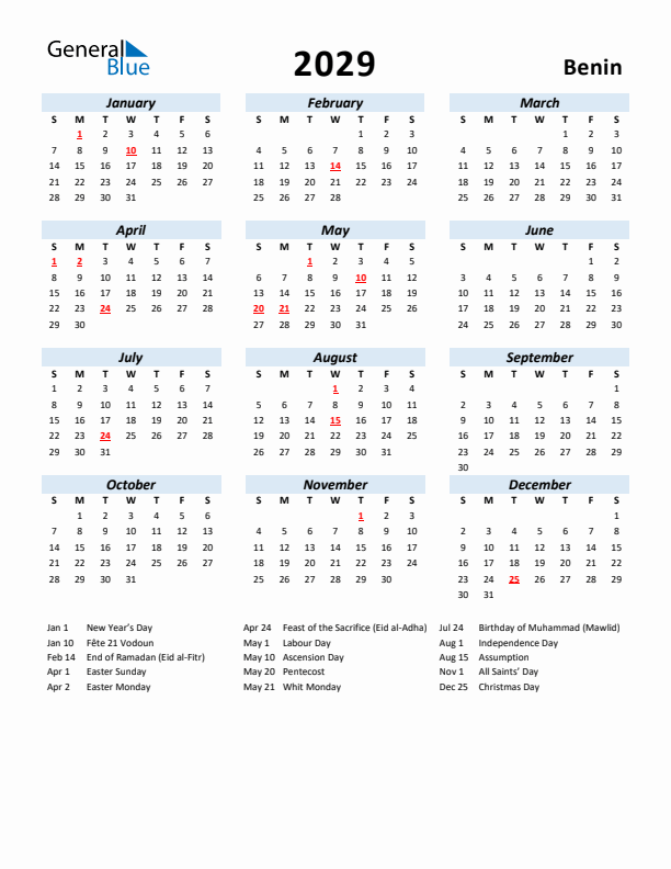2029 Calendar for Benin with Holidays