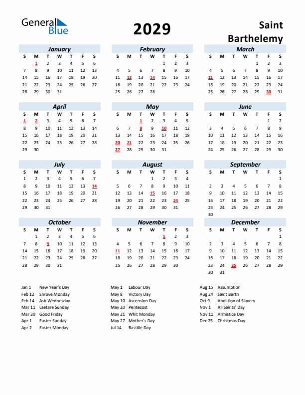 2029 Calendar for Saint Barthelemy with Holidays