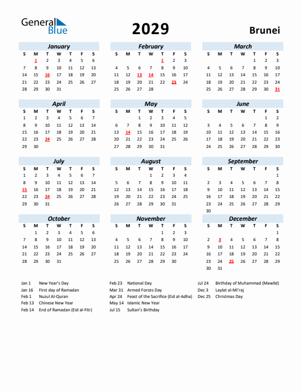 2029 Calendar for Brunei with Holidays