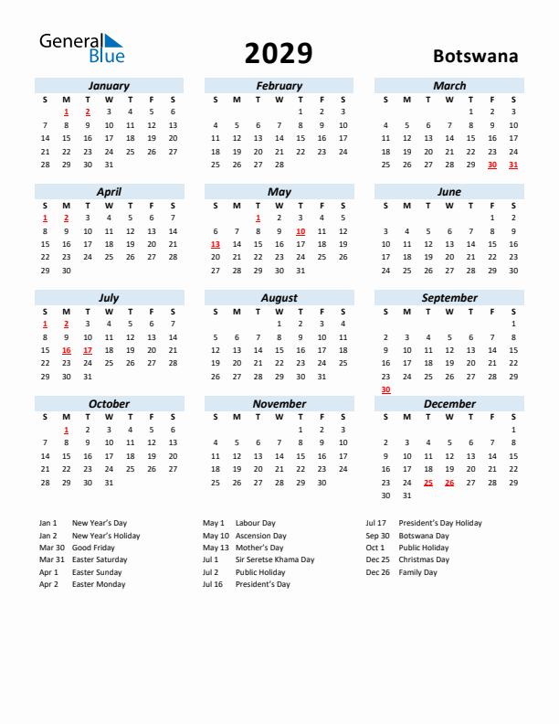 2029 Calendar for Botswana with Holidays