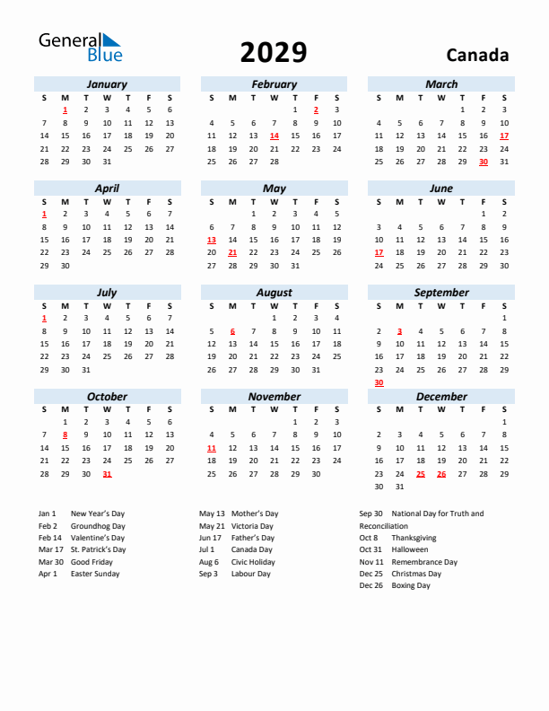 2029 Calendar for Canada with Holidays