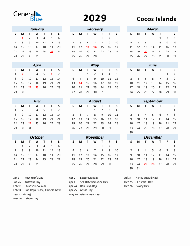 2029 Calendar for Cocos Islands with Holidays