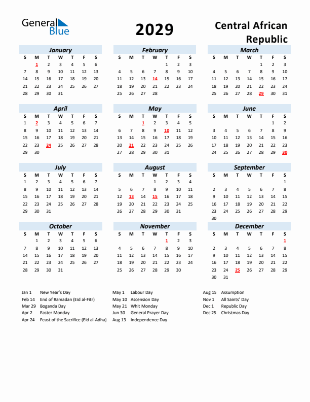 2029 Calendar for Central African Republic with Holidays