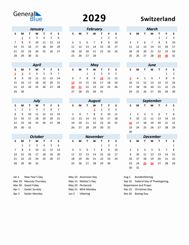 2029 Calendar for Switzerland with Holidays