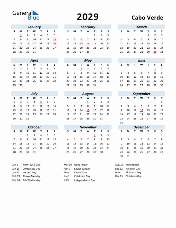 2029 Calendar for Cabo Verde with Holidays