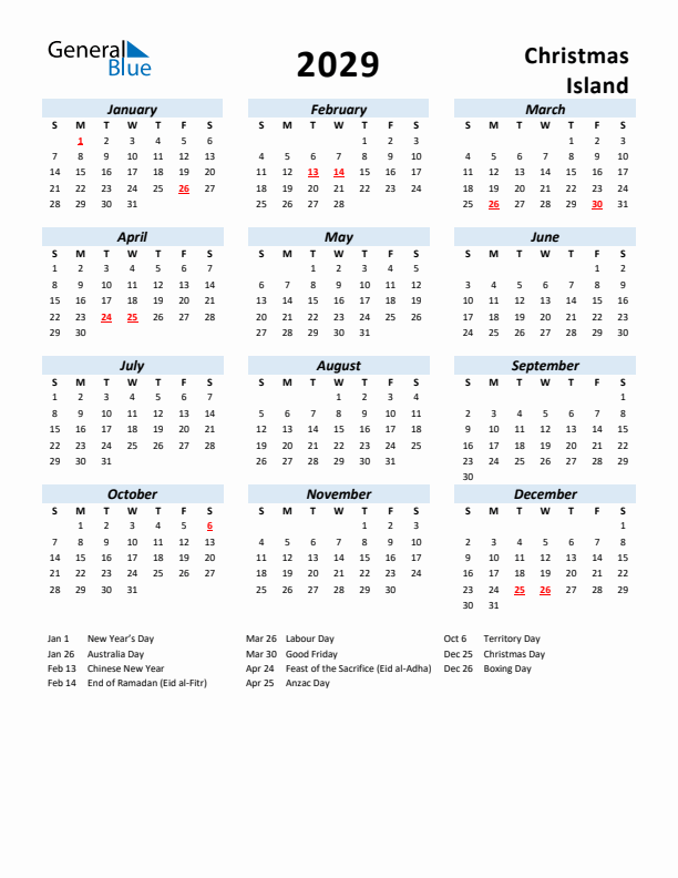 2029 Calendar for Christmas Island with Holidays
