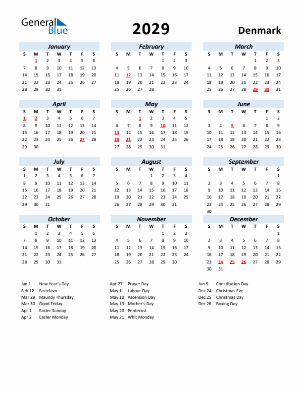 2029 Calendar for Denmark with Holidays