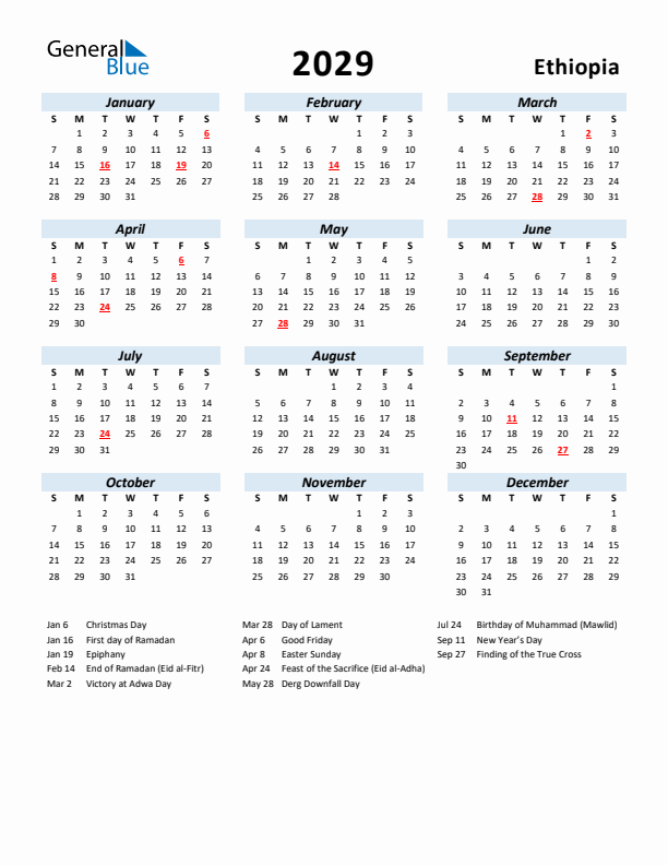 2029 Calendar for Ethiopia with Holidays
