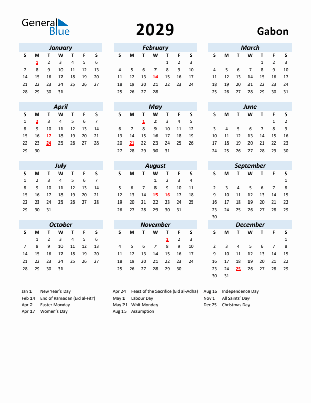 2029 Calendar for Gabon with Holidays