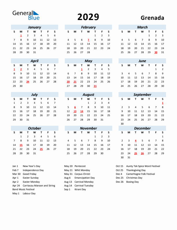 2029 Calendar for Grenada with Holidays