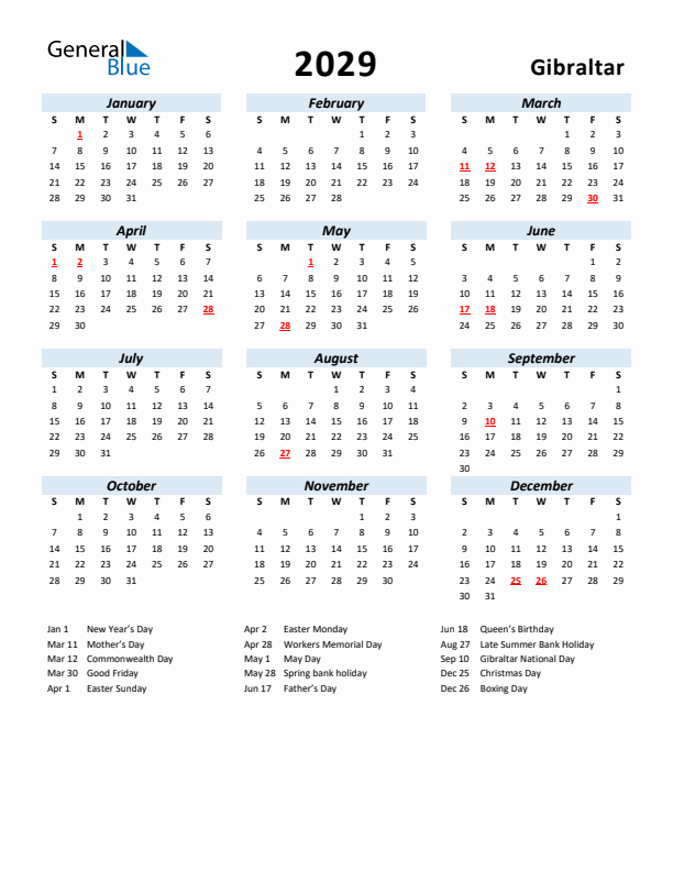 2029 Calendar for Gibraltar with Holidays