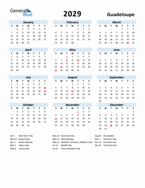 2029 Calendar for Guadeloupe with Holidays