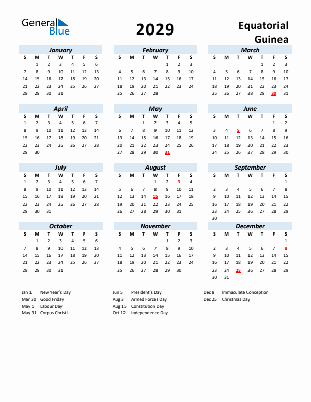 2029 Calendar for Equatorial Guinea with Holidays