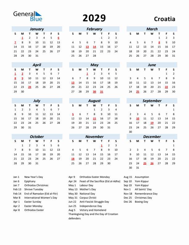 2029 Calendar for Croatia with Holidays