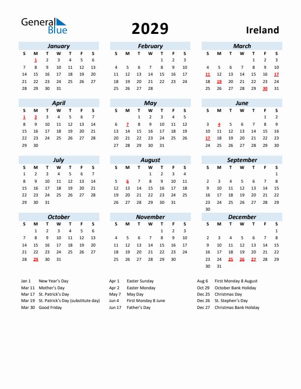 2029 Calendar for Ireland with Holidays