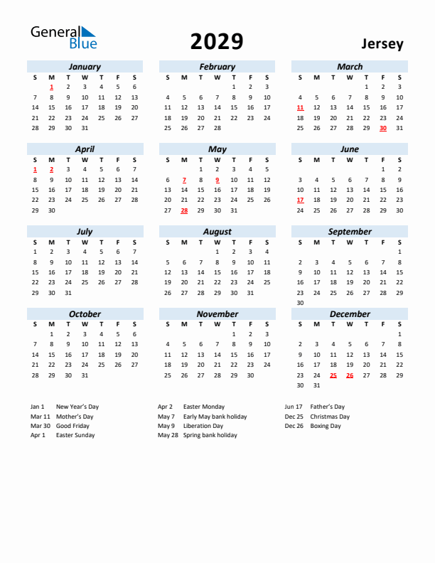 2029 Calendar for Jersey with Holidays