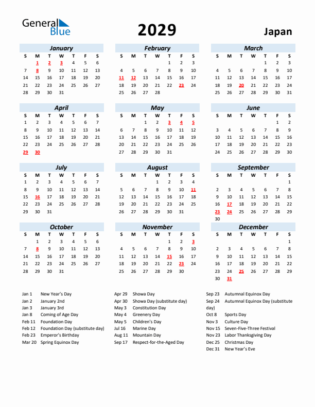 2029 Calendar for Japan with Holidays