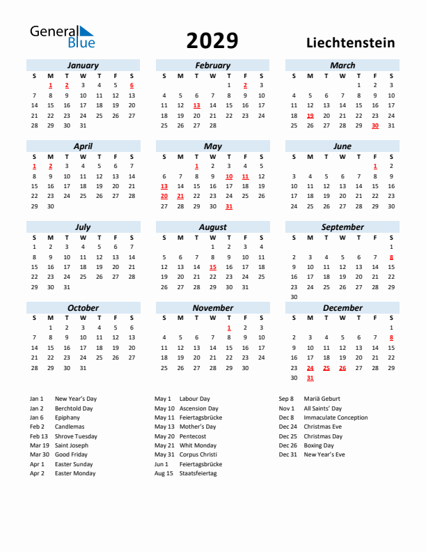 2029 Calendar for Liechtenstein with Holidays