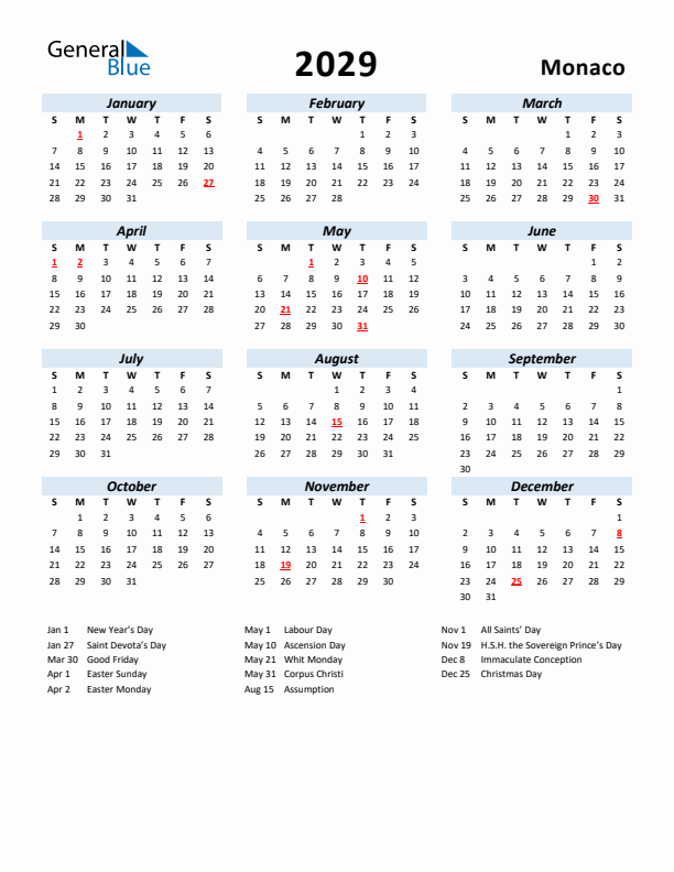 2029 Calendar for Monaco with Holidays