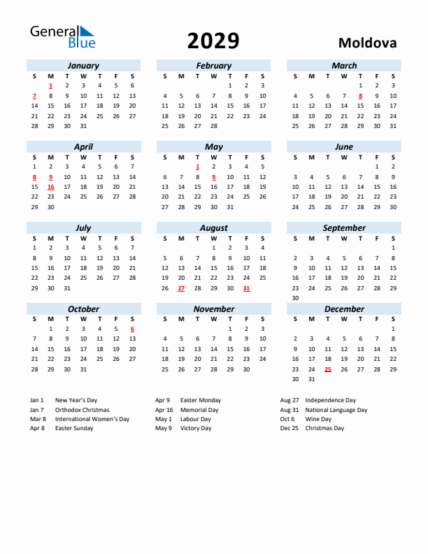 2029 Calendar for Moldova with Holidays