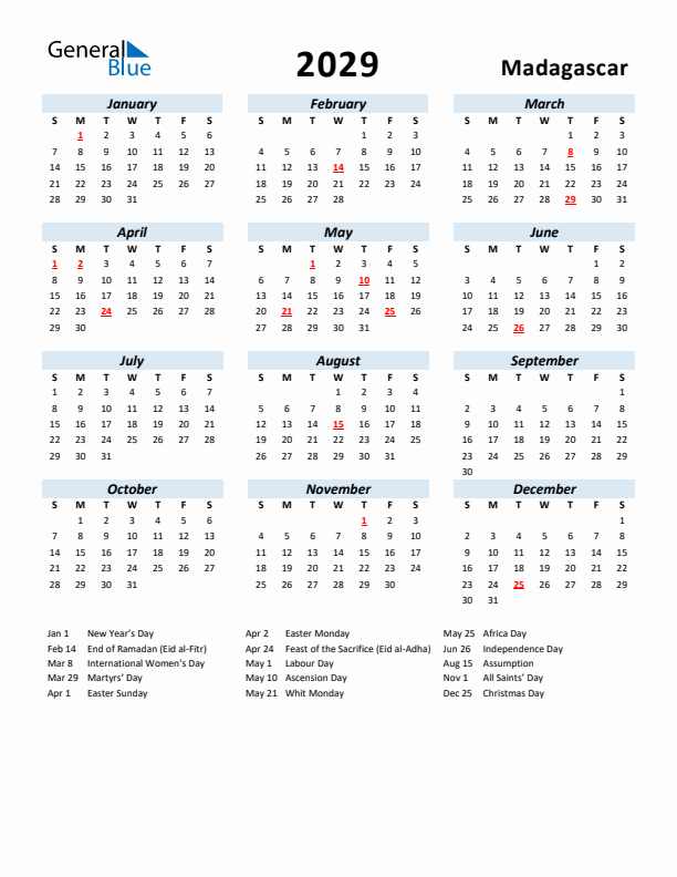2029 Calendar for Madagascar with Holidays