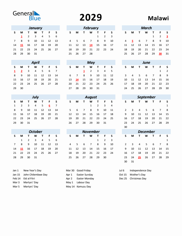 2029 Calendar for Malawi with Holidays