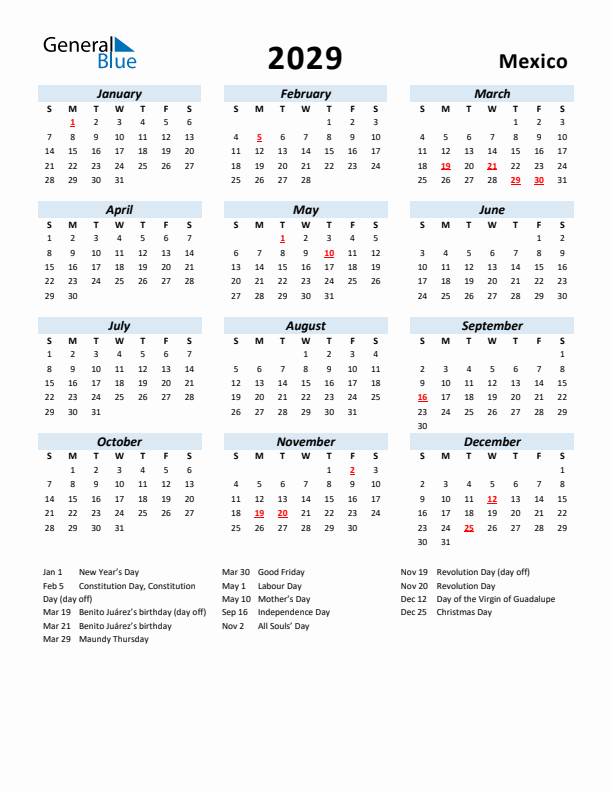 2029 Calendar for Mexico with Holidays