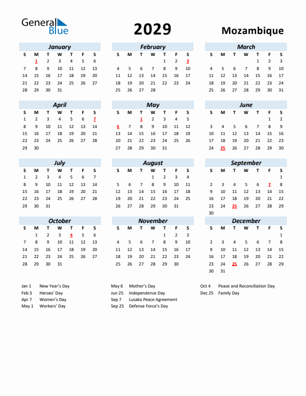 2029 Calendar for Mozambique with Holidays