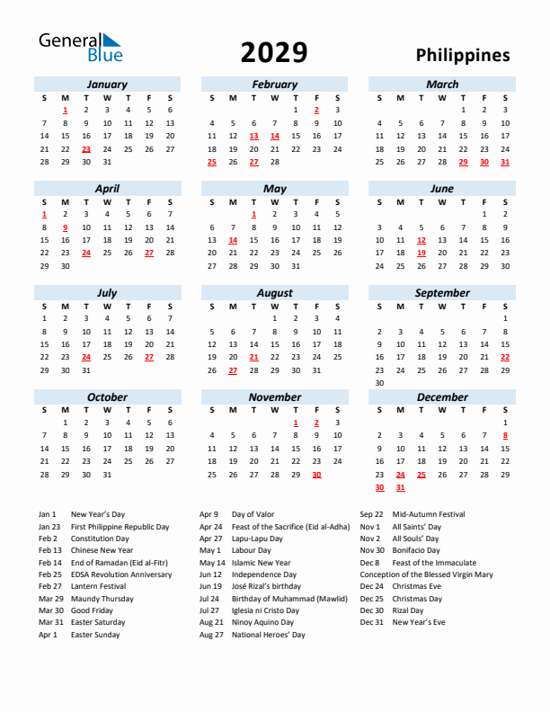 2029 Calendar for Philippines with Holidays