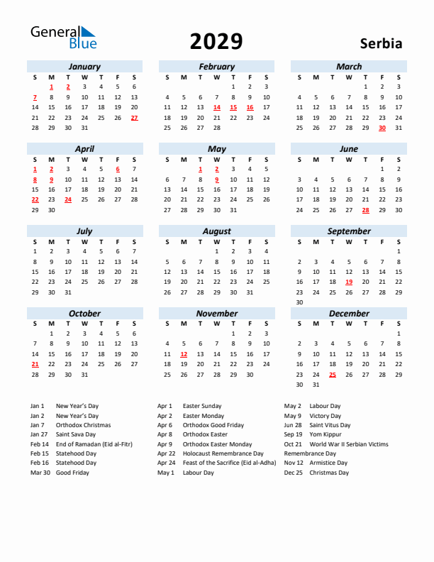 2029 Calendar for Serbia with Holidays