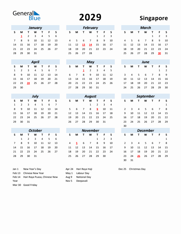 2029 Calendar for Singapore with Holidays