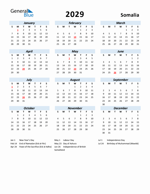 2029 Calendar for Somalia with Holidays