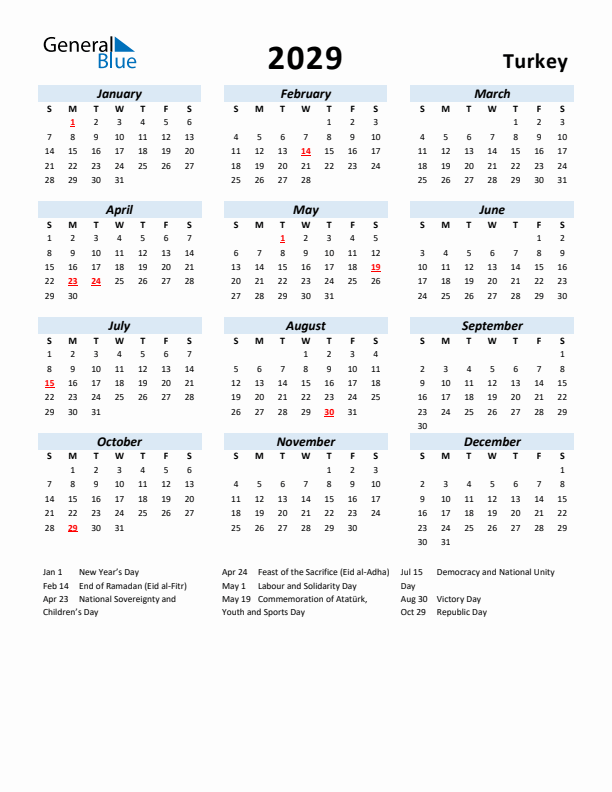 2029 Calendar for Turkey with Holidays