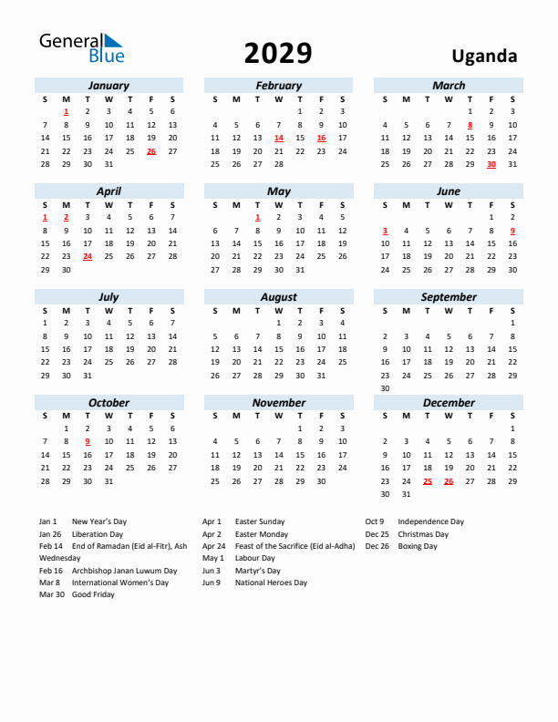 2029 Calendar for Uganda with Holidays