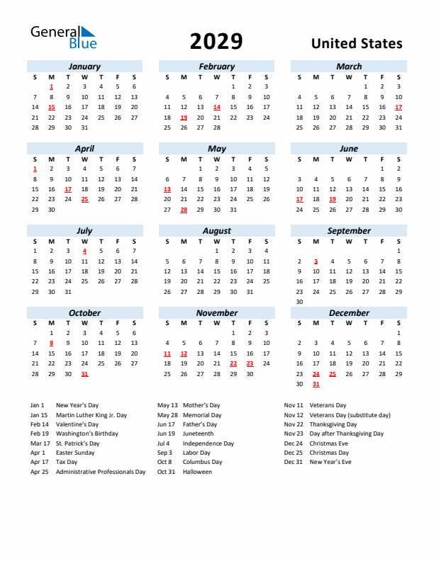 2029 Calendar for United States with Holidays
