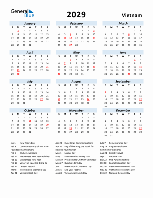 2029 Calendar for Vietnam with Holidays