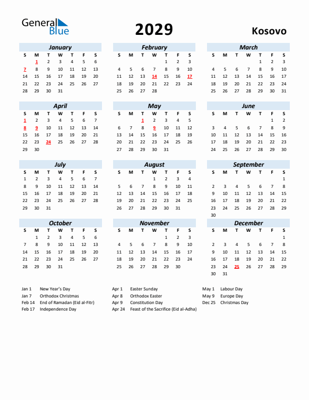 2029 Calendar for Kosovo with Holidays
