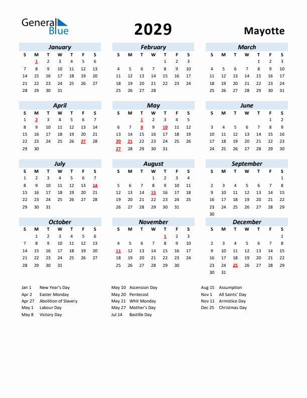 2029 Calendar for Mayotte with Holidays