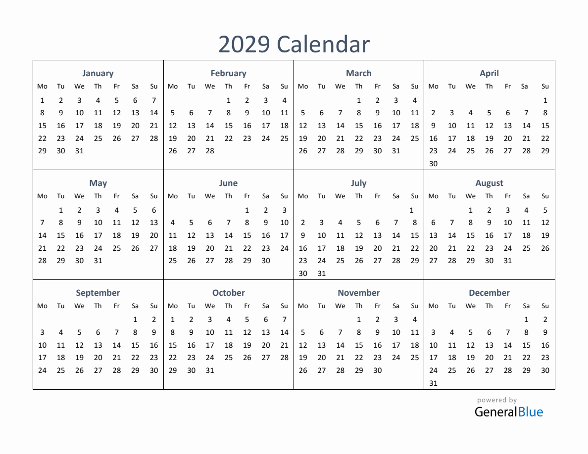 One-Page Yearly Calendar 2029 (PDF Excel Word)