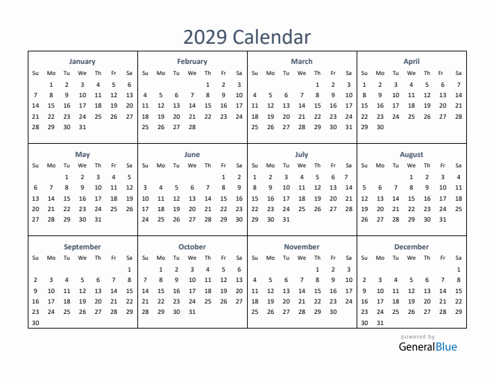 One-Page Yearly Calendar 2029 in PDF, Excel, Word