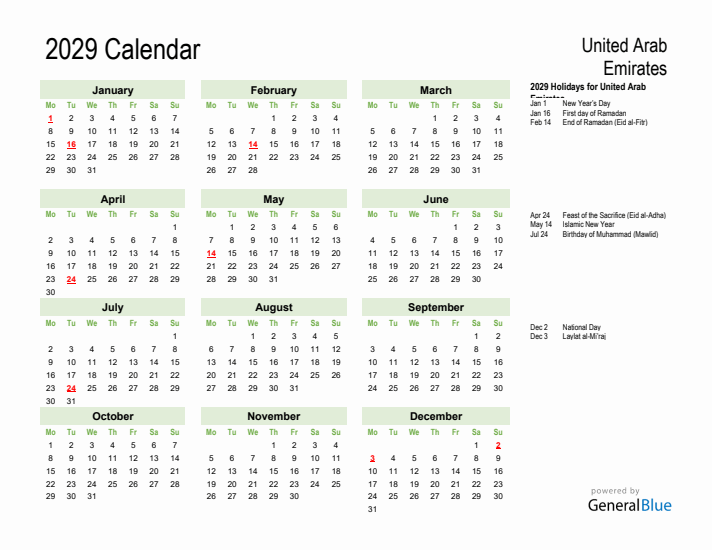Holiday Calendar 2029 for United Arab Emirates (Monday Start)